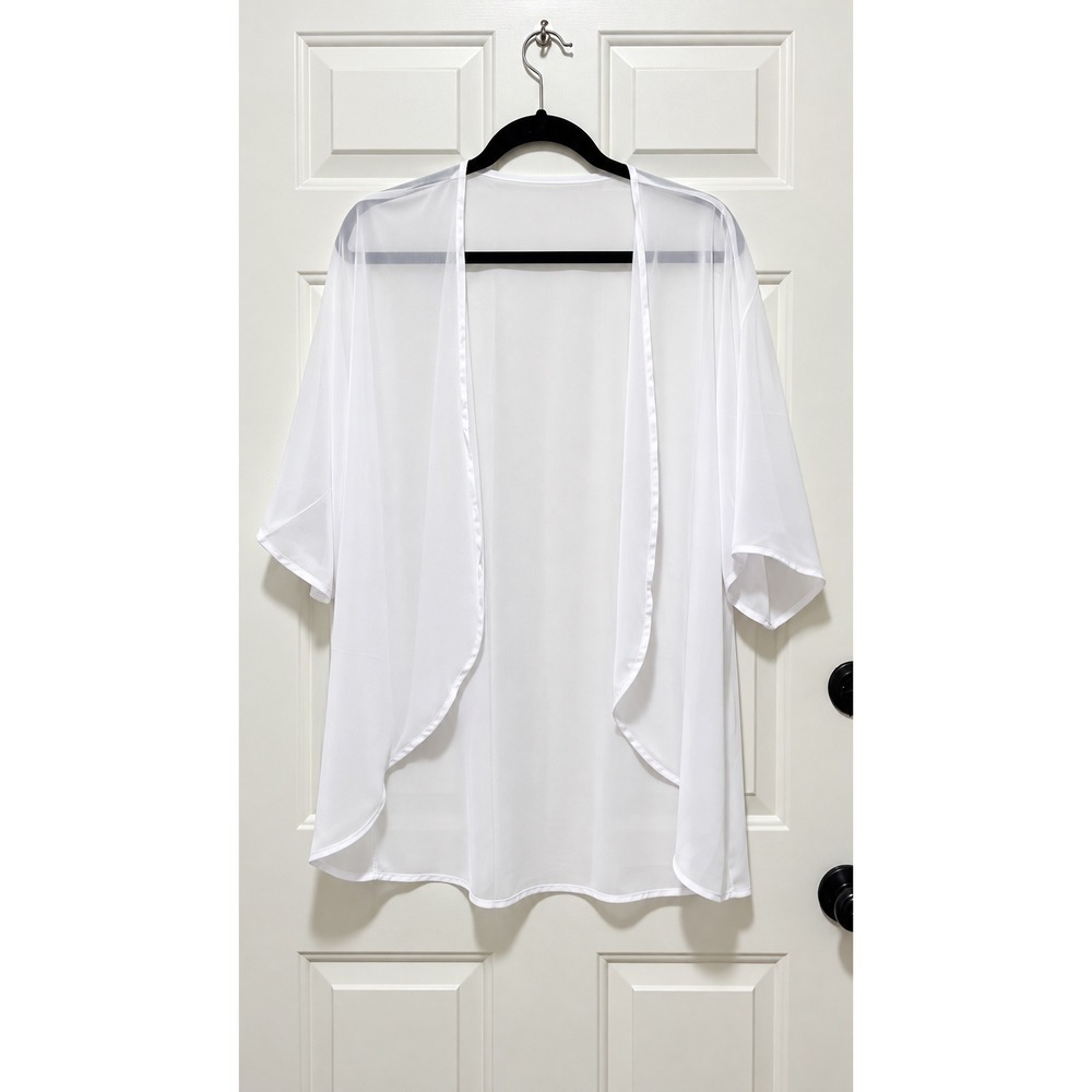 White Sheer Mesh Open Front Kimono Cardigan Short Sleeve Cover Up Medium
